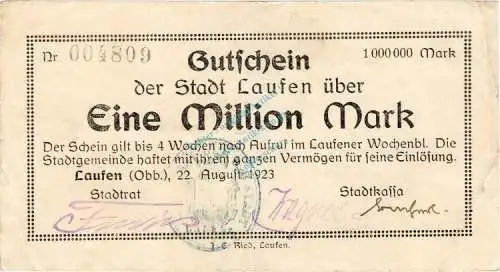 Laufen , Banknote 1 Million Mark Schein gbr. Keller 2946.a , Bayern 1923 Inflation