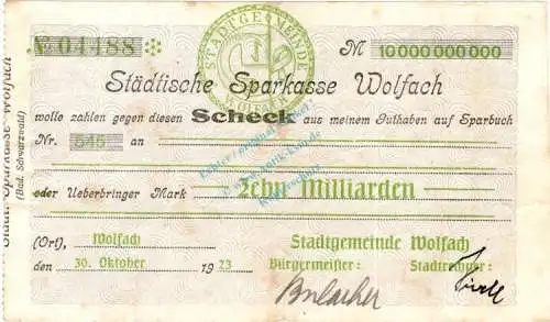 Wolfach , Banknote 10 Milliarden Mark Schein gbr. Keller 5693 , Baden 1923 Inflation