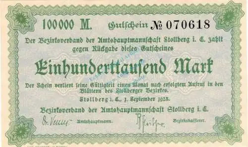 Stollberg , Banknote 100.000 Mark Schein unc-kfr. Bühn 6840.30.a , Sachsen 1923 Inflation