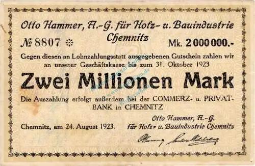 Chemnitz , Banknote 2 Millionen Mark Schein gbr. Bühn 0687.4.b , Sachsen 1923 Inflation