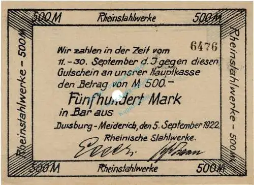 Duisburg , Banknote 500 Mark Schein unc-kfr. Müller 1250.1 , Rheinland 1922 Inflation