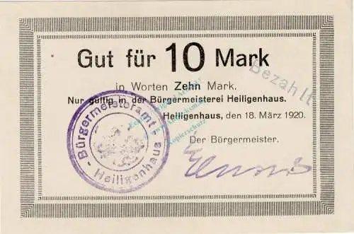 Heiligenhaus , Banknote 10 Mark Schein unc-kfr. Geiger 229.02.b , Rheinland 1920 Grossnotgeld