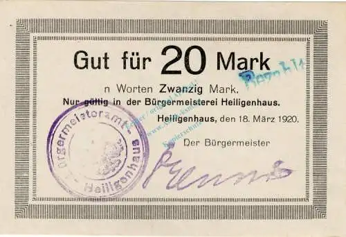 Heiligenhaus , Banknote 20 Mark Schein unc-kfr. Geiger 229.03 , Rheinland 1920 Grossnotgeld