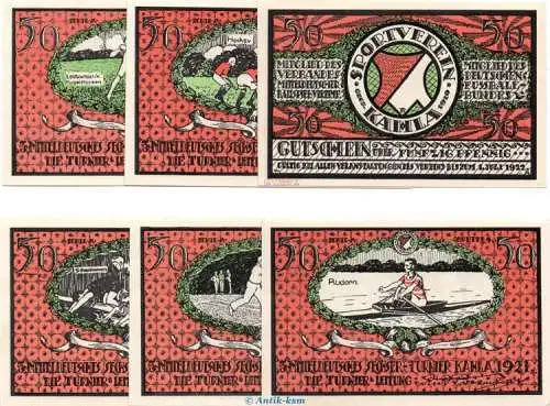 Notgeld Sportverein Kahla 667.2 , Set mit 6 x 50 Pfennig in kfr. o.D. Thüringen Seriennotgeld