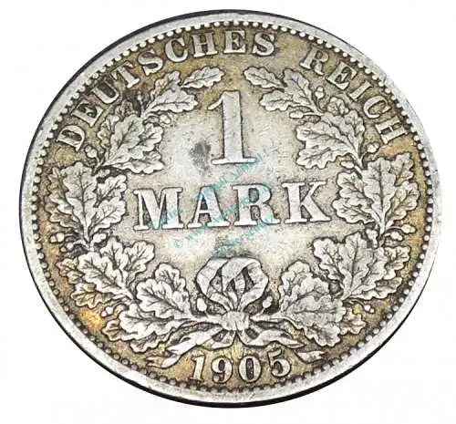 Kaiserreich , Silbermünze 1 Mark von 1905 A -gr. Adler- J.17 ss -0605