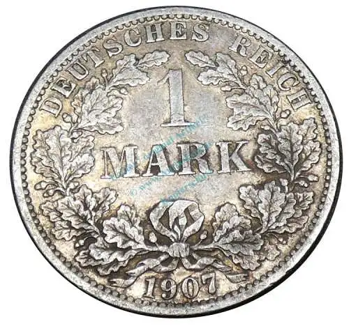 Kaiserreich , Silbermünze 1 Mark von 1907 A -gr. Adler- J.17 ss -0607