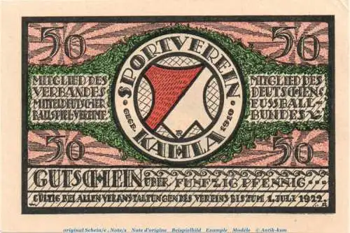 Notgeld Sportverein Kahla 667.1 , 50 Pfennig Schein Nr 6 gepunktet in kfr. o.D. Thüringen Seriennotgeld