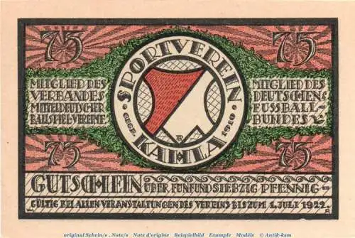 Notgeld Sportverein Kahla 667.1 , 75 Pfennig Schein Nr 1 gepunktet in kfr. o.D. Thüringen Seriennotgeld