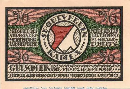 Notgeld Sportverein Kahla 667.1 , 50 Pfennig Schein Nr 2 gepunktet in kfr. o.D. Thüringen Seriennotgeld