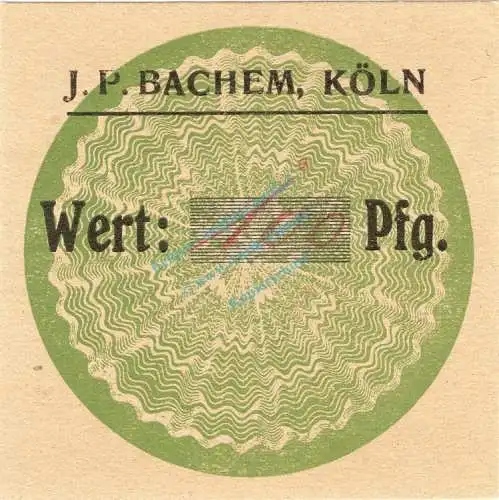 Köln , Notgeld 100 Pfennig --J.P. Bachem-- in unc-kfr. Ti.3565.005.01 , Rheinland o.D. Verkehrsausgabe