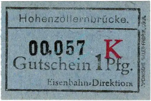 Köln , Notgeld 1 Pfennig -Hohenzollernbrücke- in unc-kfr. Ti.3565.040.40 , Rheinland o.D. Verkehrsausgabe