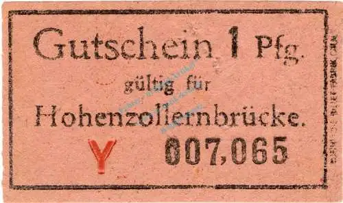 Köln , Notgeld 1 Pfennig -Hohenzollernbrücke- in unc-kfr. Ti.3565.040.10 , Rheinland o.D. Verkehrsausgabe