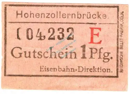 Köln , Notgeld 1 Pfennig -Hohenzollernbrücke- in gbr. Ti.3565.040.25 , Rheinland o.D. Verkehrsausgabe