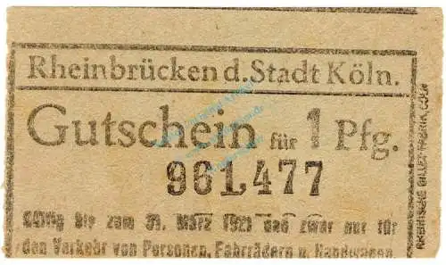 Köln , Notgeld 1 Pfennig -Rheinbrücken- in gbr. Ti.3565.095.01 , Rheinland o.D. Verkehrsausgabe