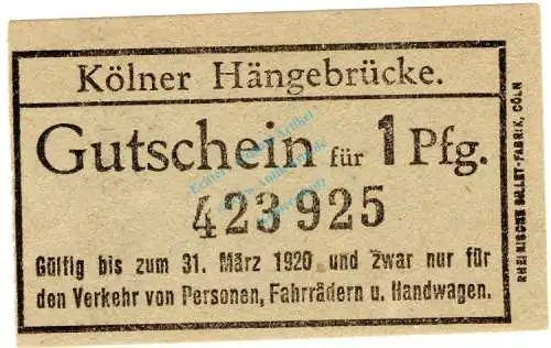 Köln , Notgeld 1 Pfennig -Hindenburgbrücke- in gbr. Ti.3565.070.01 , Rheinland o.D. Verkehrsausgabe