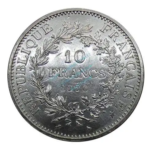 Silbermünze Frankreich , 10 Francs 1970 -Herkulesgruppe- , ss-vz , KM.932 -0152