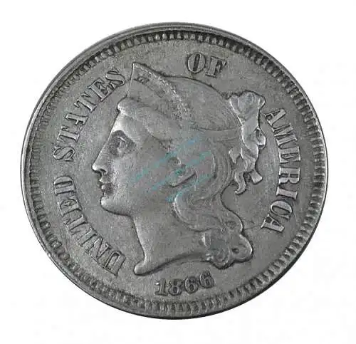 USA - Amerika , 3 Cent Münze 1866 -coronet Head left- KM.95 , ss-vz , -0153