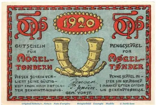 Notgeld Gemeinde Mögeltondern 892.1 , 50 Pfennig Schein in kfr. von 1920 , dänisch Nordschleswig Seriennotgeld