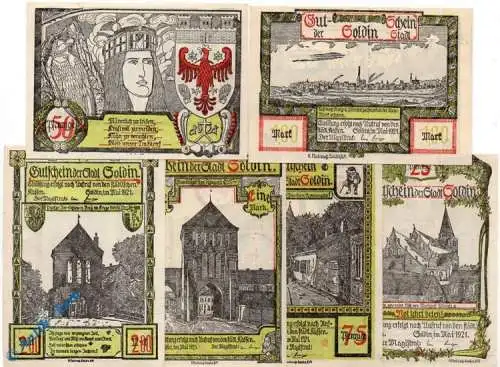 Notgeld Stadt Soldin 1235.1 , Set -gelbgrün- mit 6 Scheinen in kfr. von 1921 , Brandenburg Seriennotgeld