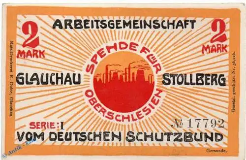 Notgeld Glauchau Stollberg , 2 Mark Schein Nr 2 in kfr. Mehl Grabowski 433.1 , Sachsen Seriennotgeld