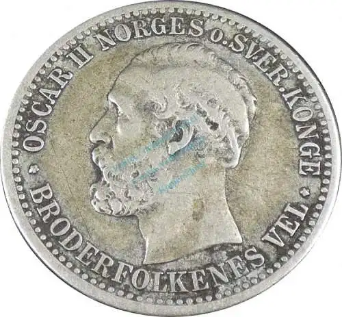 Norwegen , Silber Münze 50 Öre 1877 -Norges o. Sver- KM.356 ss , -0177