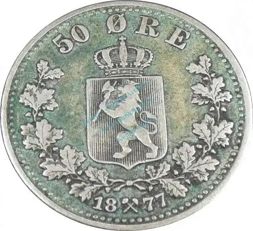 Norwegen , Silber Münze 50 Öre 1877 -Norges o. Sver- KM.356 ss , -0177