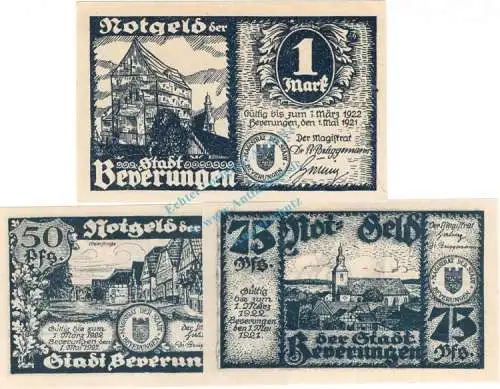 Beverungen , Notgeld Set mit 3 Scheinen -blau- unc-kfr. M-G 99.1 , Westfalen 1921 Seriennotgeld