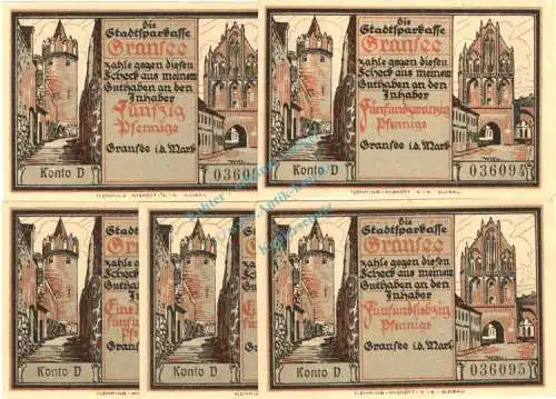 Gransee , Notgeld Set --5 x Konto D-- unc-kfr. M-G 465.1.a , Brandenburg o.D. Seriennotgeld