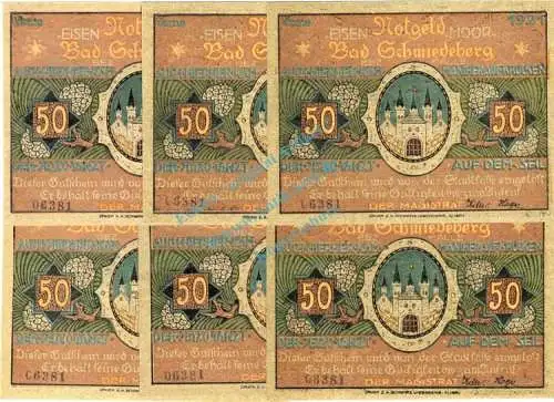 Schmiedeberg , Notgeld Set --6 x Nummerngleich-- unc-kfr. M-G 1186.1.a , Sachsen Anhalt 1921 Seriennotgeld