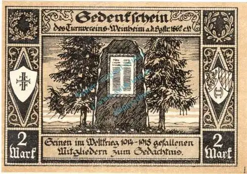 Weinheim , Notgeld 2 Mark Schein Nr.4  unc-kfr. M-G 1402.1 , Baden Württemberg o.D. Seriennotgeld