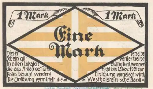 Notgeld Dockenhudener Turnerschaft Blankenese 116.1 , 1 Mark Schein in kfr. von 1921 , Schleswig Holstein Seriennotgeld