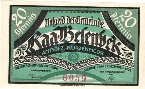 Raa-Besenbeck , Notgeld 20 Pfennig Schein unc-kfr. M-G 1092.1.a , Schleswig 1921 Seriennotgeld