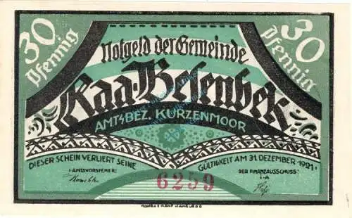 Raa-Besenbeck , Notgeld 30 Pfennig Schein unc-kfr. M-G 1092.1.a , Schleswig 1921 Seriennotgeld