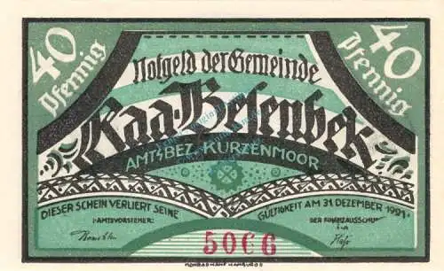 Raa-Besenbeck , Notgeld 40 Pfennig Schein unc-kfr. M-G 1092.1.a , Schleswig 1921 Seriennotgeld