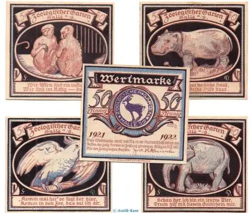 Notgeld Zoologischer Garten Halle 510.1.b , Set mit 5 Scheinen in kfr. von 1921 Sachsen Anhalt Seriennotgeld