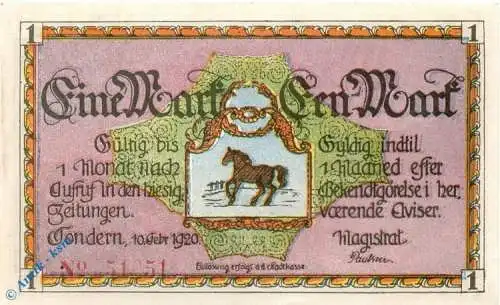 Notgeld Tondern , 1 Mark Schein , Mehl Grabowski 1329.2 F , von 1920 , dänisch Nordschleswig Serien Notgeld