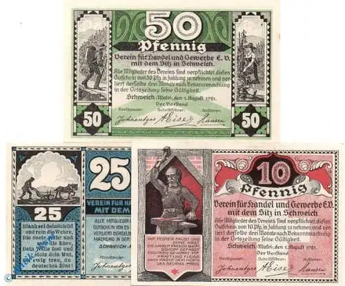 Notgeld Schweich , Set mit 3 Scheinen in kfr. Mehl Grabowski 1209.4 , von 1921 , Rheinland Pfalz Seriennotgeld