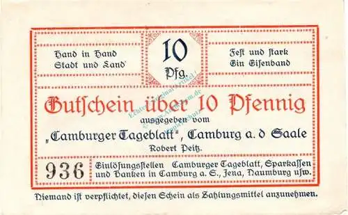 Camburg , Notgeld 10 Pfennig Schein in unc-kfr. Ti.1080.05.01 , Thüringen o.D. Verkehrsausgabe