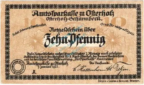 Osterholz , Notgeld 10 Pfennig Muster-Schein in unc-kfr. Ti.5450.05... Niedersachsen 1921 Verkehrsausgabe