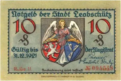 Leobschütz , Notgeld 10 Pfennig Schein R.II in unc-kfr. Ti.4020.05.21 , Schlesien o.D. Verkehrsausgabe