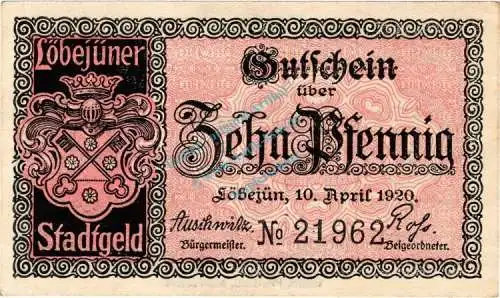 Löbejün , Notgeld 10 Pfennig Schein in unc-kfr. Ti.4180.05.05 , Sachsen 1920 Verkehrsausgabe