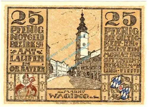 Laufen , Notgeld 25 Pfennig Schein in unc-kfr. Ti.3925.05.10 , Bayern 1920 Verkehrsausgabe