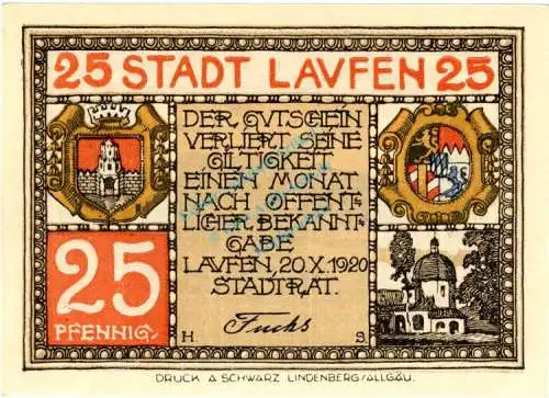 Laufen , Notgeld 25 Pfennig Schein in unc-kfr. Ti.3920.10.01 , Bayern 1920 Verkehrsausgabe