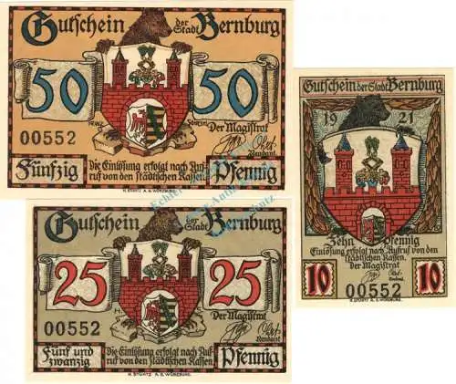 Bernburg , Notgeld Set --3 x Nummerngleich-- unc-kfr. M-G.95... Sachsen Anhalt 1921 Seriennotgeld