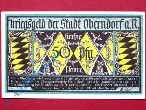 Notgeld Oberndorf , Einzelschein über 50 Pfennig , Tieste 5275.01 , von 1918 , Württemberg Verkehrsausgabe