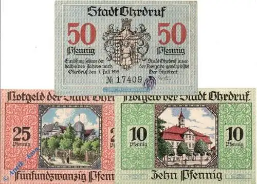 Notgeld Ohrdruf , Set mit 3 Scheinen  , Tieste 5350.05.80 bis 82 , von 1919 , Sachsen Verkehrsausgabe