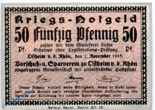 Notgeld Ostheim , 50 Pfennig Schein in kfr. Kirche , Tieste 5465.05.52 , von 1918 , Sachsen Verkehrsausgabe