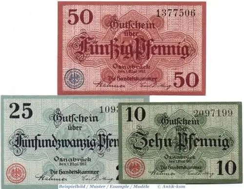 Notgeld Osnabrück , Set mit 3 Scheinen in kfr. Tieste 5435.05.10-12 , von 1917 , Hannover Verkehrsausgabe