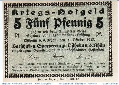 Notgeld Ostheim , 5 Pfennig Schein in kfr. Tieste 5464.05.05 , von 1917 , Sachsen Verkehrsausgabe