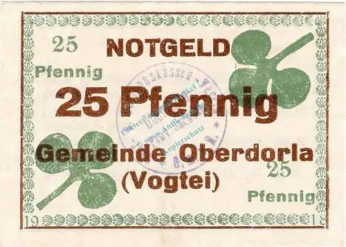 Oberdorla , Notgeld 25 Pfennig Schein in unc-kfr. Ti.5225.05.020 , Thüringen o.D. Verkehrsausgabe